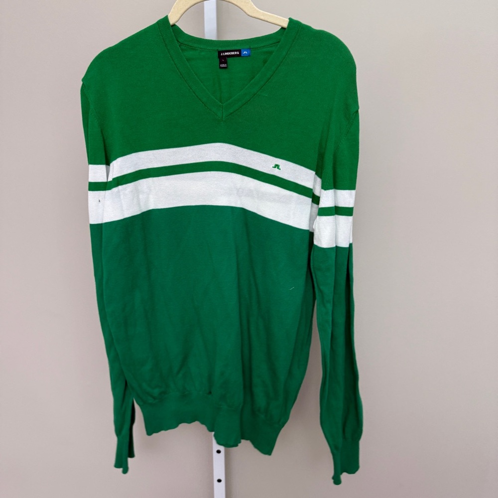J.Lindeberg Green and White V-Neck Sweater size L